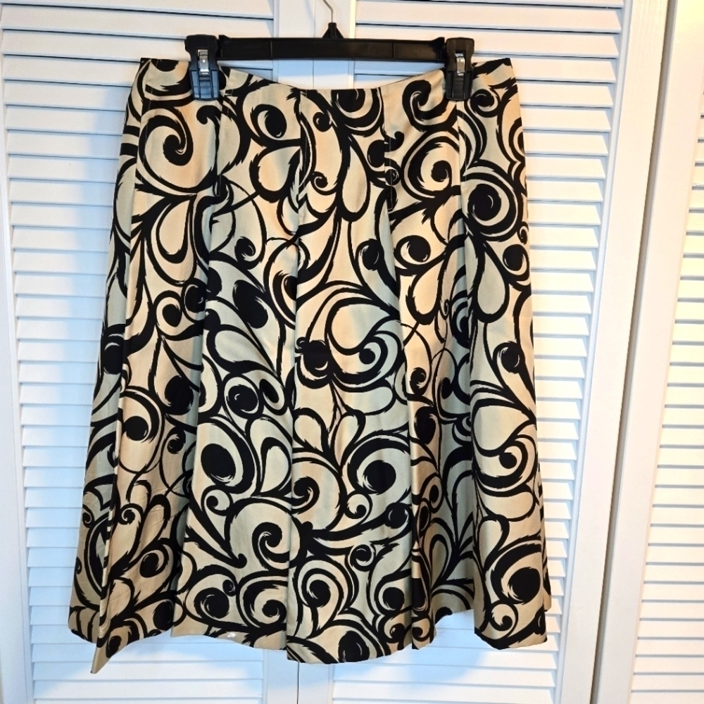 Talbot Pure Silk Soft Pleated Midi Skirt Gold Black Scroll size 10 Y2k Classic